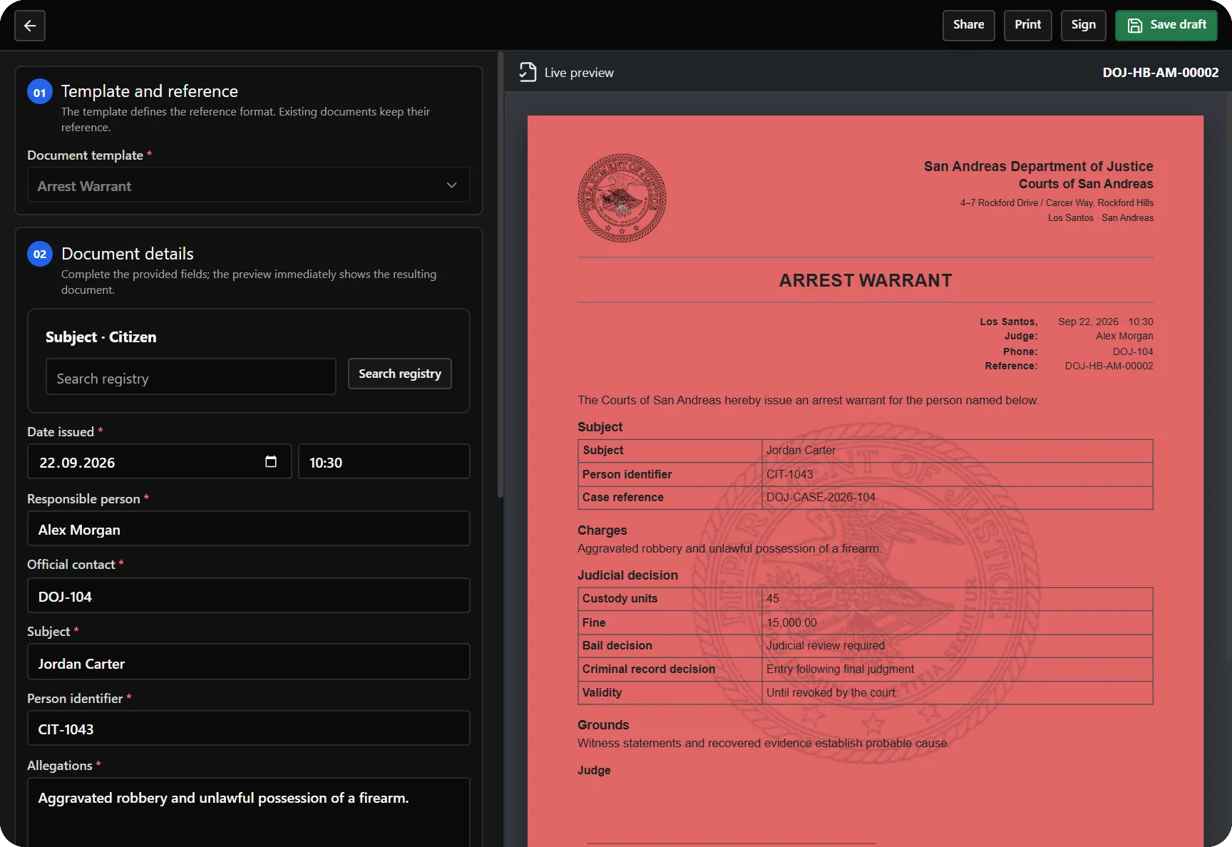 Template fields and the resulting document preview