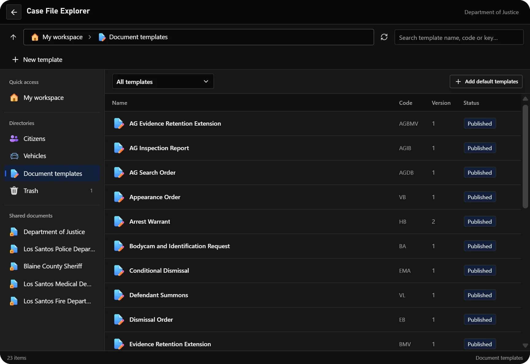 The DOJ template library with published versions