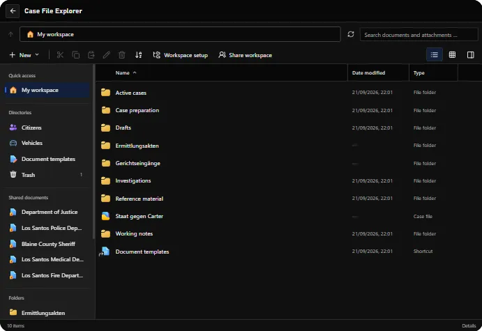 DOJ File Explorer showing the case workspace