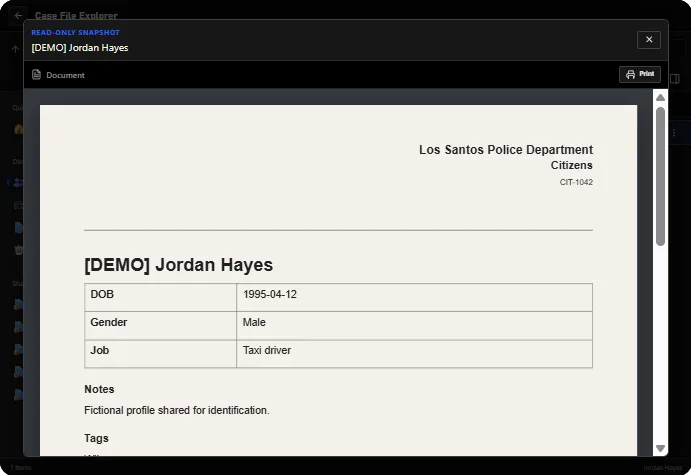 Shared documents grouped under a DOJ person record