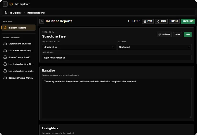 Fire File Explorer with incident reports