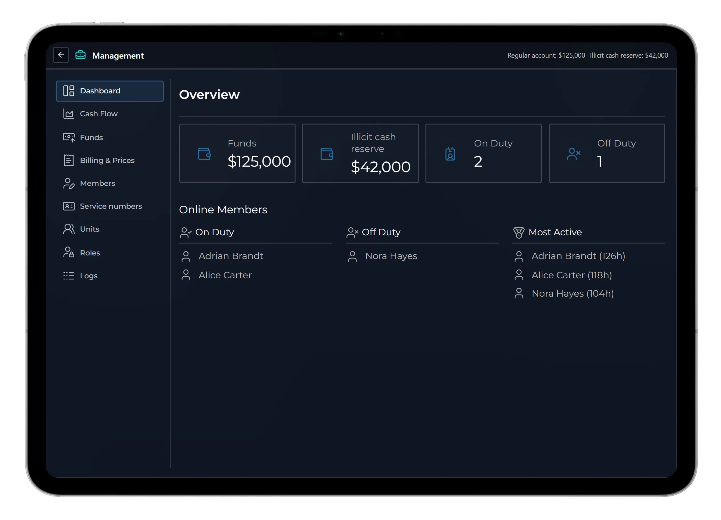 Boss Menu dashboard with demonstration funds and staff