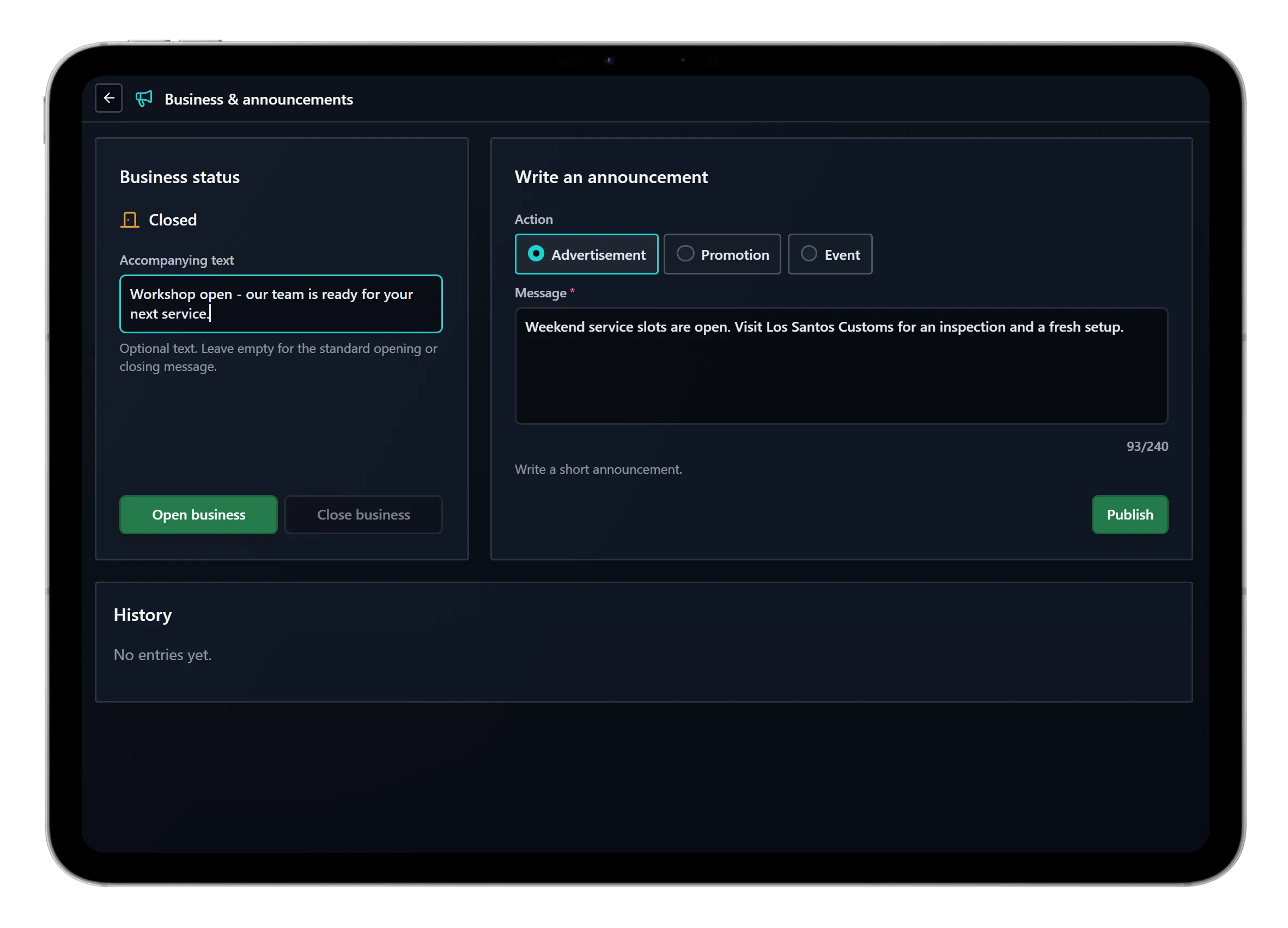 Business status and announcement form in the tablet