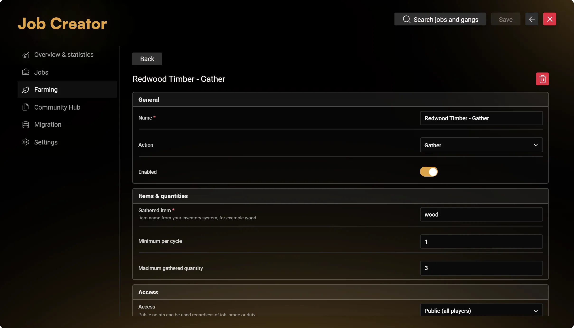 A demo wood route in the global Farming editor