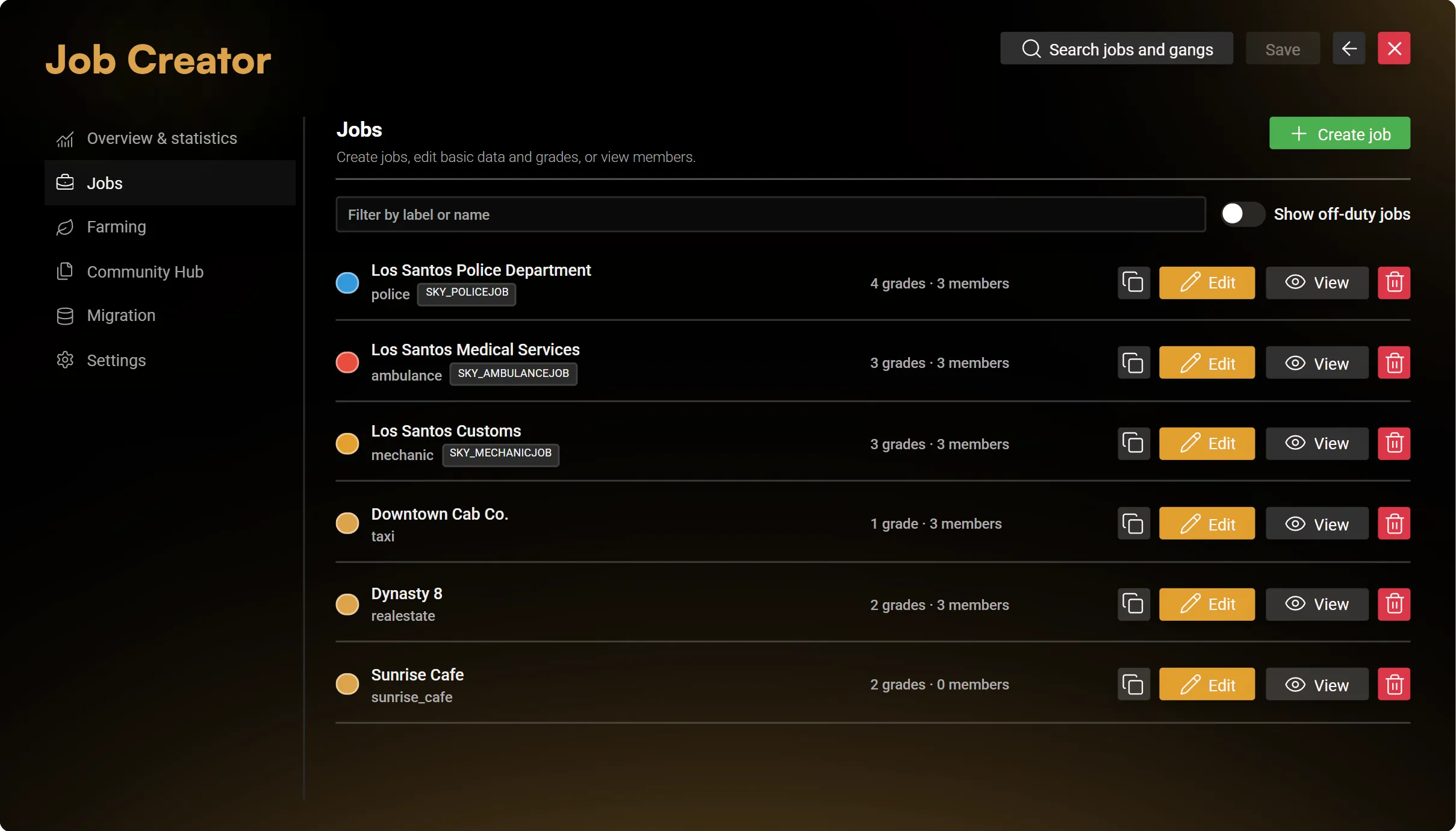 Job list with fictional demonstration jobs