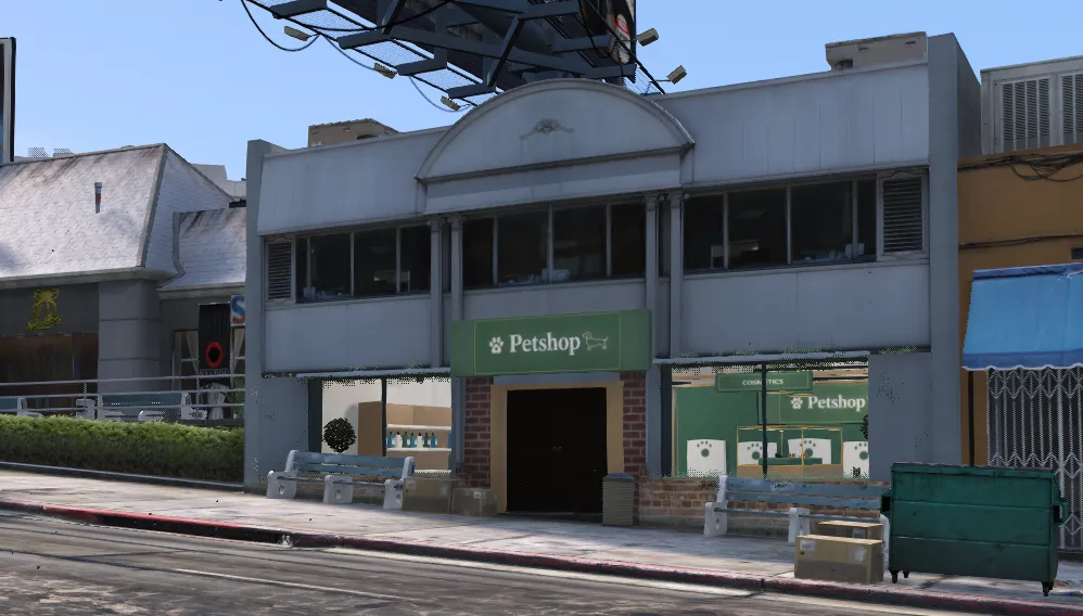 Our own Petshop MLO in daylight, with its green sign, display windows and benches