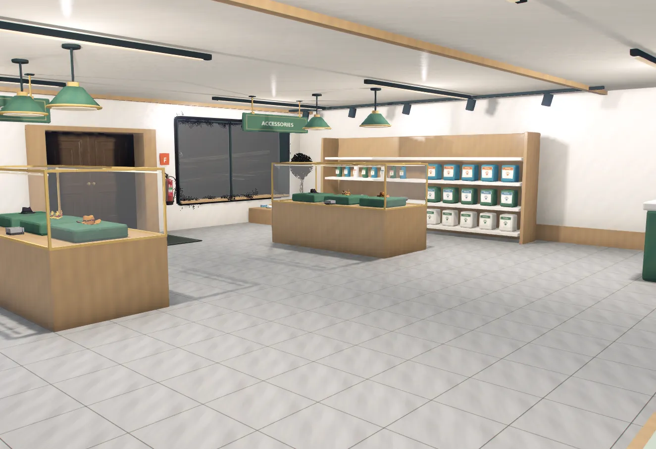 Petshop MLO interior with wooden glass display cases, stocked shelves and green pendant lights