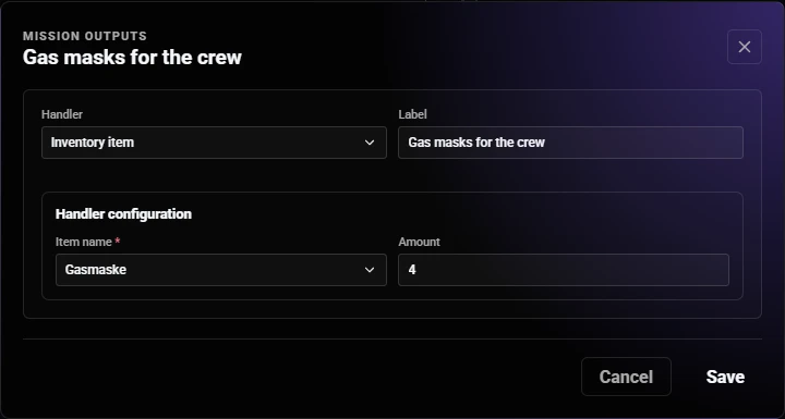 Gas mask mission output in the in-game Heist Creator: Inventory item handler, gas mask and amount four