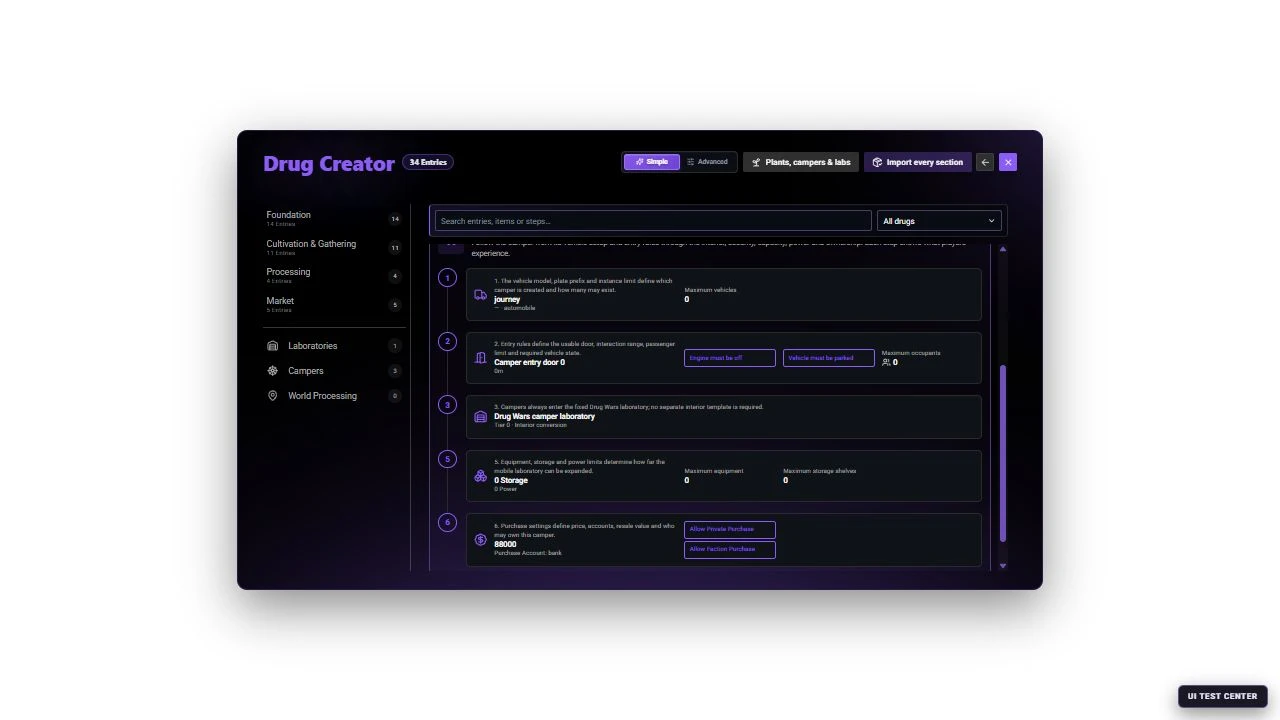 Current Drug Creator Camper workflow in Simple mode showing that campers always use the fixed Drug Wars laboratory