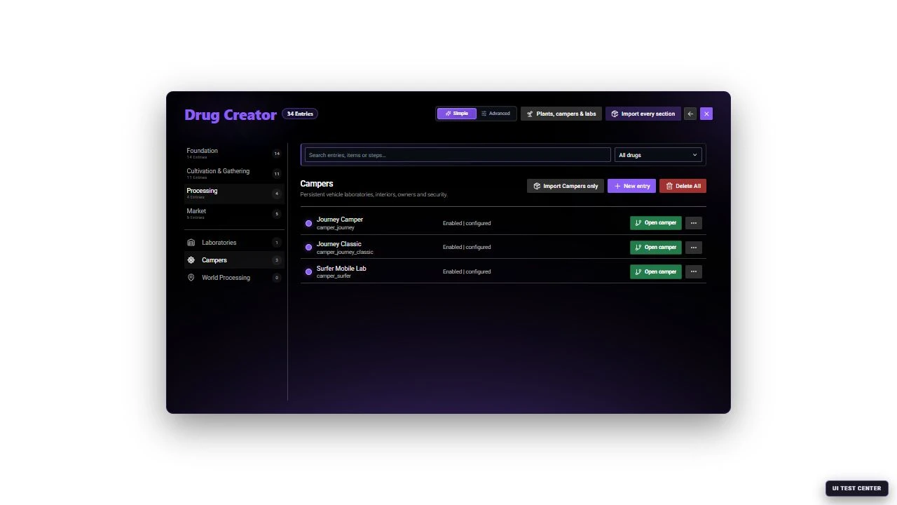 Current Drug Creator in Simple mode showing the Campers catalog