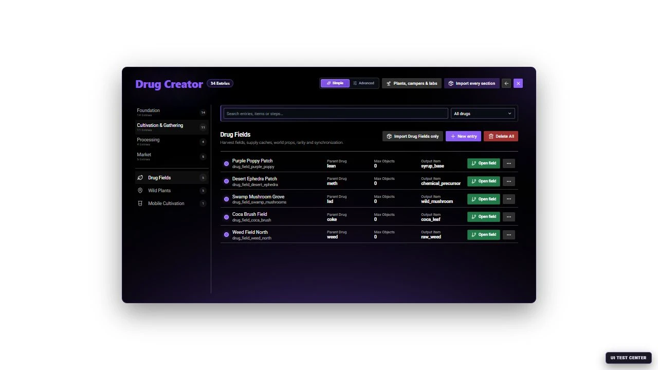 Current Drug Creator in Simple mode showing the Drug Fields catalog and its output items