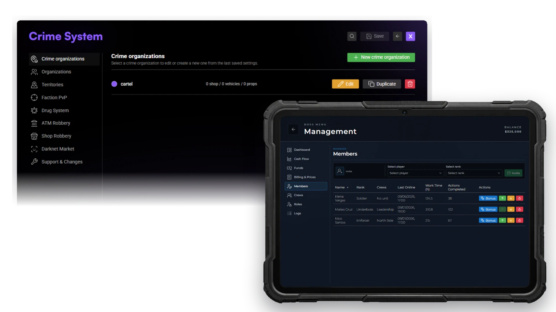 Crime organization configuration and organization member management