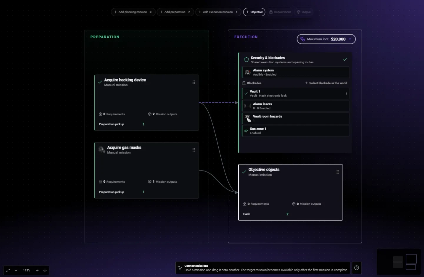 Heist Creator graph used to connect advanced preparations and execution objectives