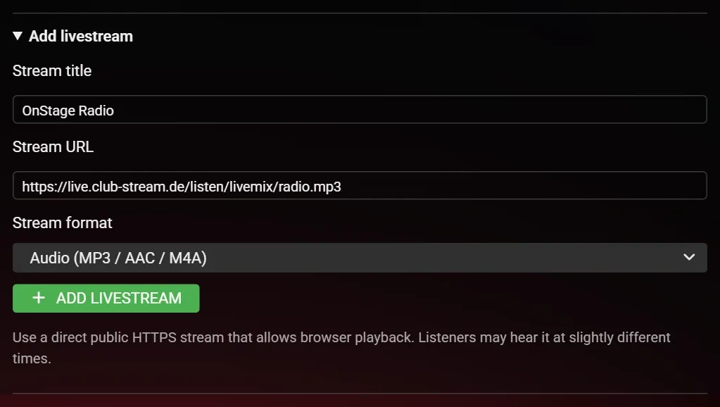 English playlist editor with a named HTTPS radio source and Audio selected.