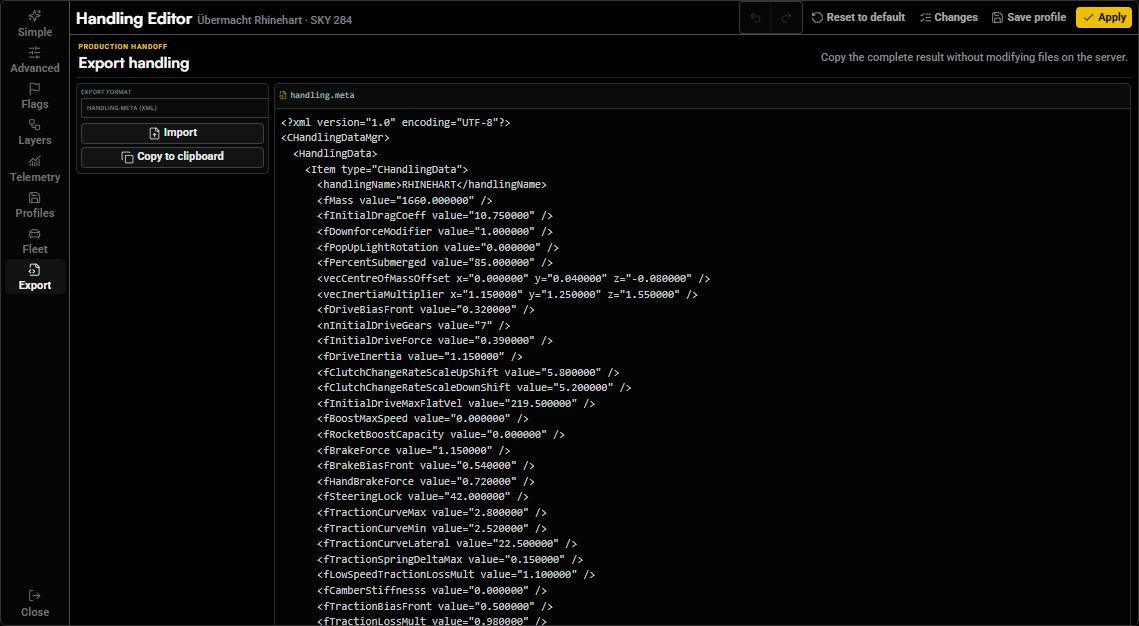 Export workspace with format selection, import, copy to clipboard, and handling-data preview