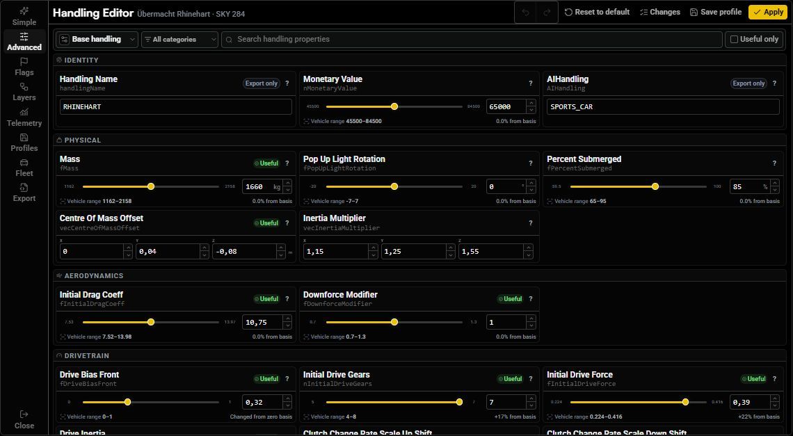 Advanced handling fields with block and category filters, property search, and numeric controls