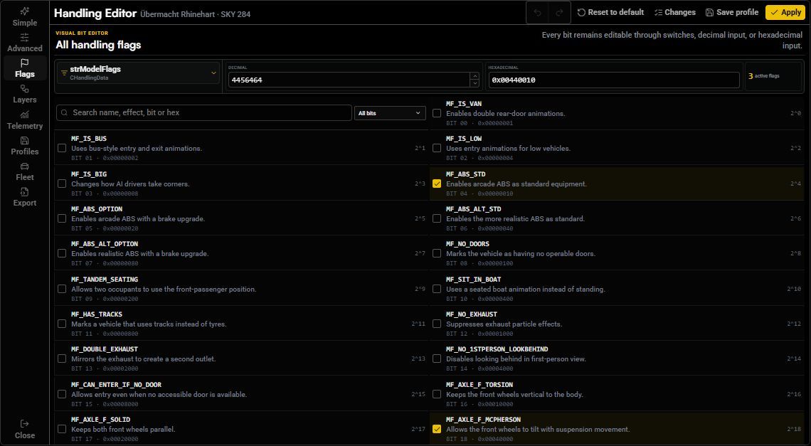 Flags editor with a group dropdown, search, decimal and hexadecimal values, and individual switches