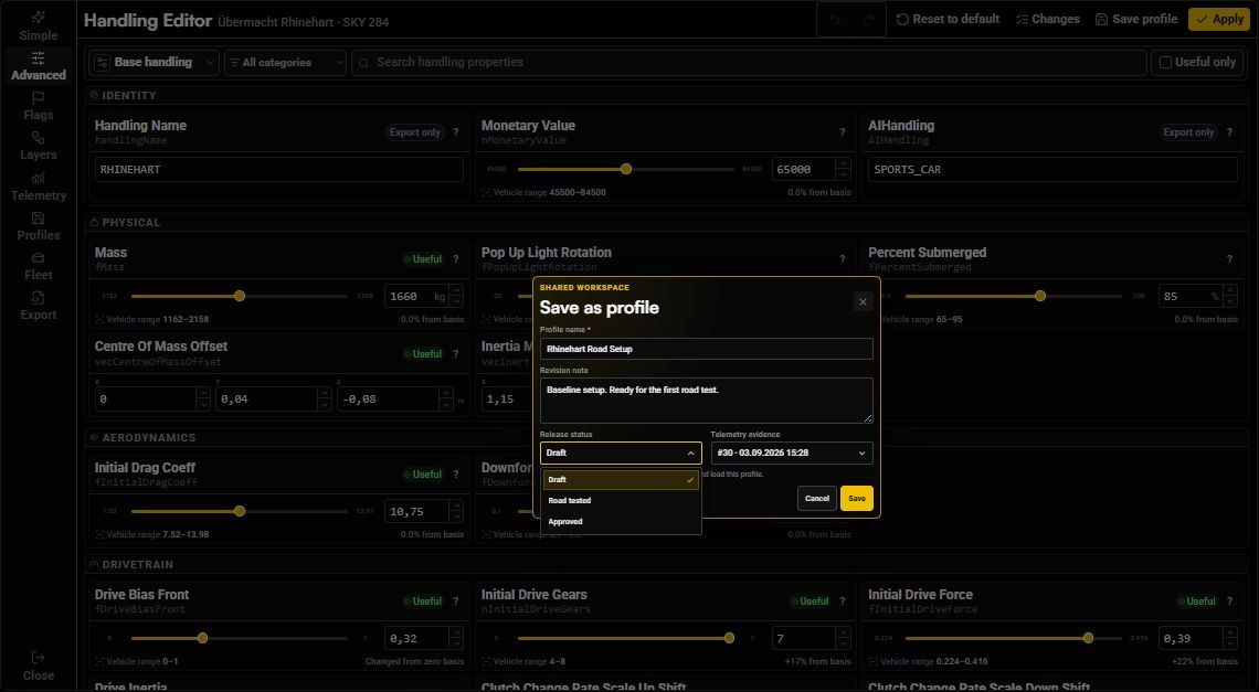 Save-profile dialog with a descriptive name, revision note, release-status dropdown, and telemetry evidence
