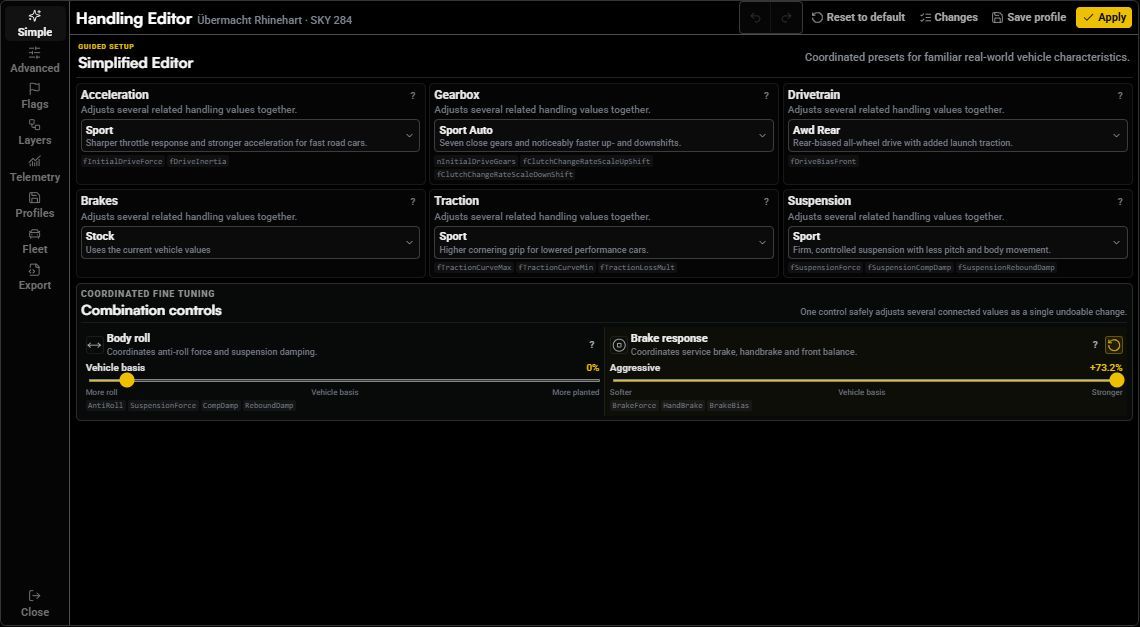 Simple tuning with preset dropdowns, body-roll adjustment, and brake-response controls