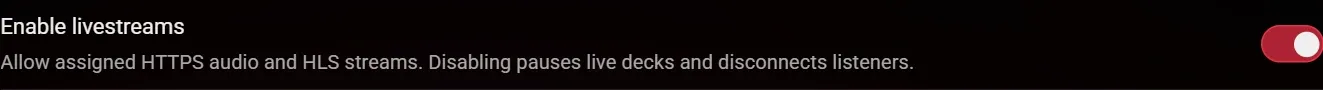 English administration settings with Enable livestreams selected.