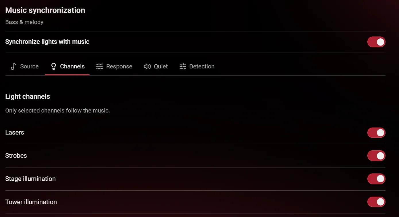 English Music Sync controls with selected light channels