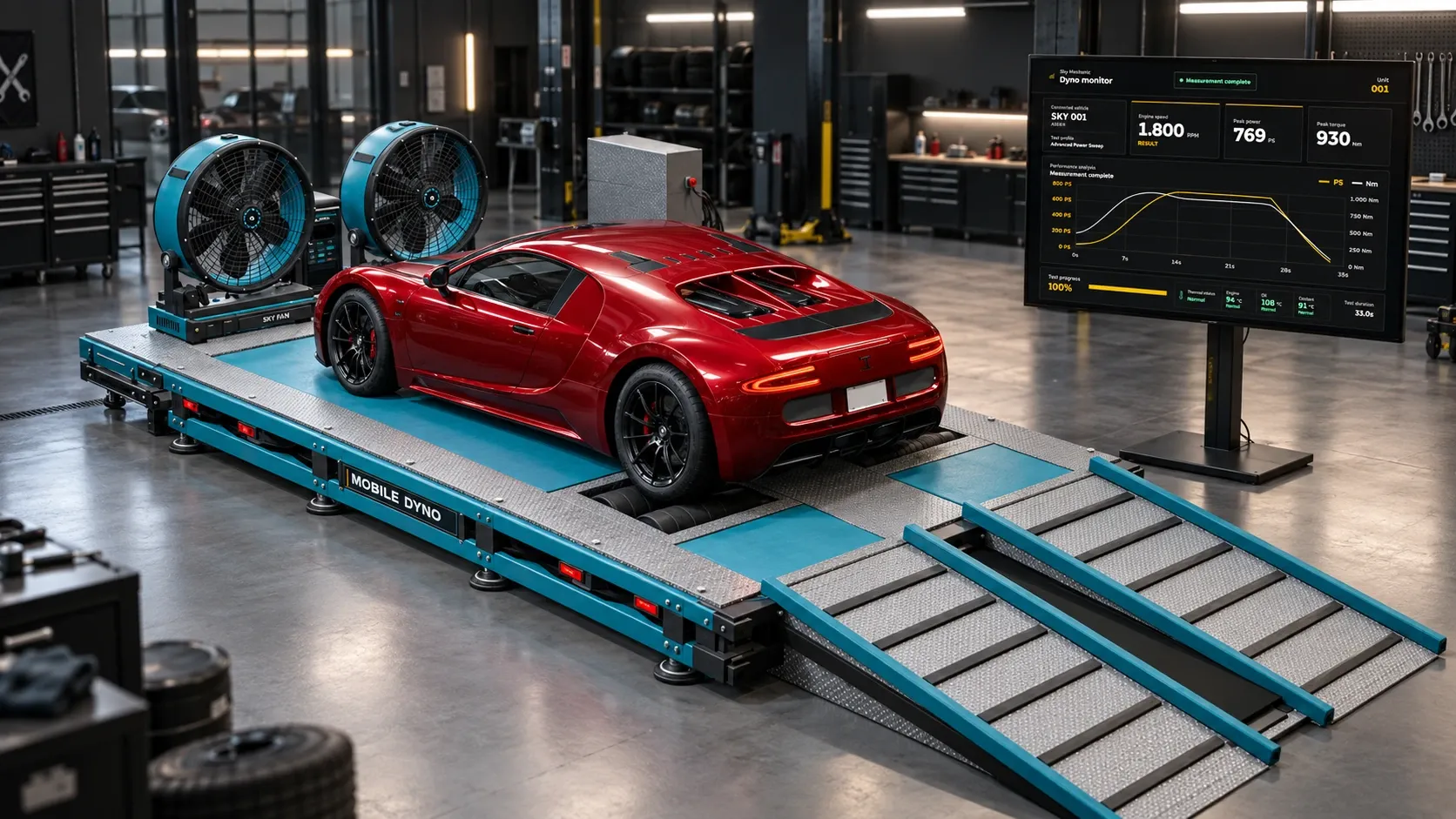 Workshop illustration of the Mobile Dyno with a red sports car, twin cooling fans, access ramps, and a separate result monitor
