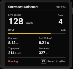 Mini telemetry tablet with a device frame, live speed, gear, RPM, road-test results, and the F7 return shortcut