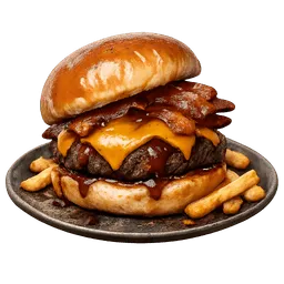 Transparent PNG of the GTA V item beef_burger_bacon_chedar_bbq_sauce_the_top_bull_is_little_bit_falling_down_burgr