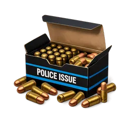 Transparent PNG of the GTA V item black_9mm_ammo_box_police_issue_blue_accents_open_box_with_scattered_9mm_rounds