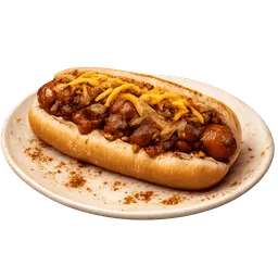 Transparent PNG of the GTA V item realistic_chilli_hotdog_with_grilled_onion_and_chedar_on_dirty_plate