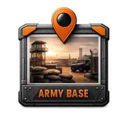 Transparent PNG of the GTA V item spawnpoint_picture_with_text_label_army_base_in_orange_black_aczents