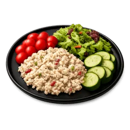 Transparent PNG of the GTA V item tuna_salad_on_a_black_plate_cherry_tomatoes_cucumber_slices_and_a_small_green_sa