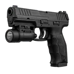 Transparent PNG of the GTA V item weapon_pistol_vp9_with_attachment_flashlight_front_3_4_view_angled_perspective