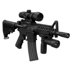 Transparent PNG of the GTA V item weapon_rifle_m4_with_scope_and_flashlight_high_quality_front_3_4_view_angled_per