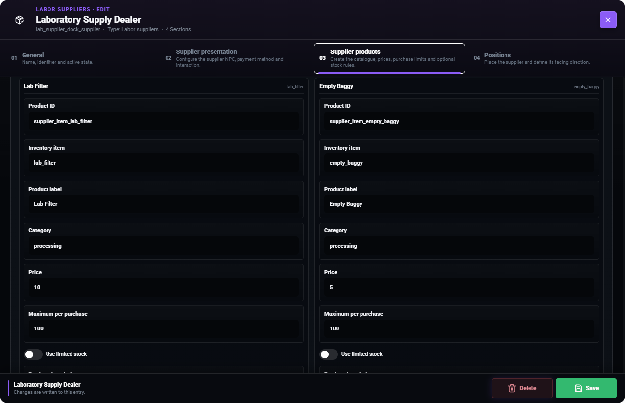 Laboratory Supply Dealer product settings for Empty Baggy, including inventory item, price, purchase limit and stock switch