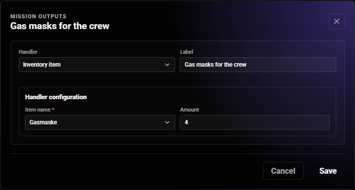 Gas mask mission output in the in-game Heist Creator: Inventory item handler, gas mask and amount four