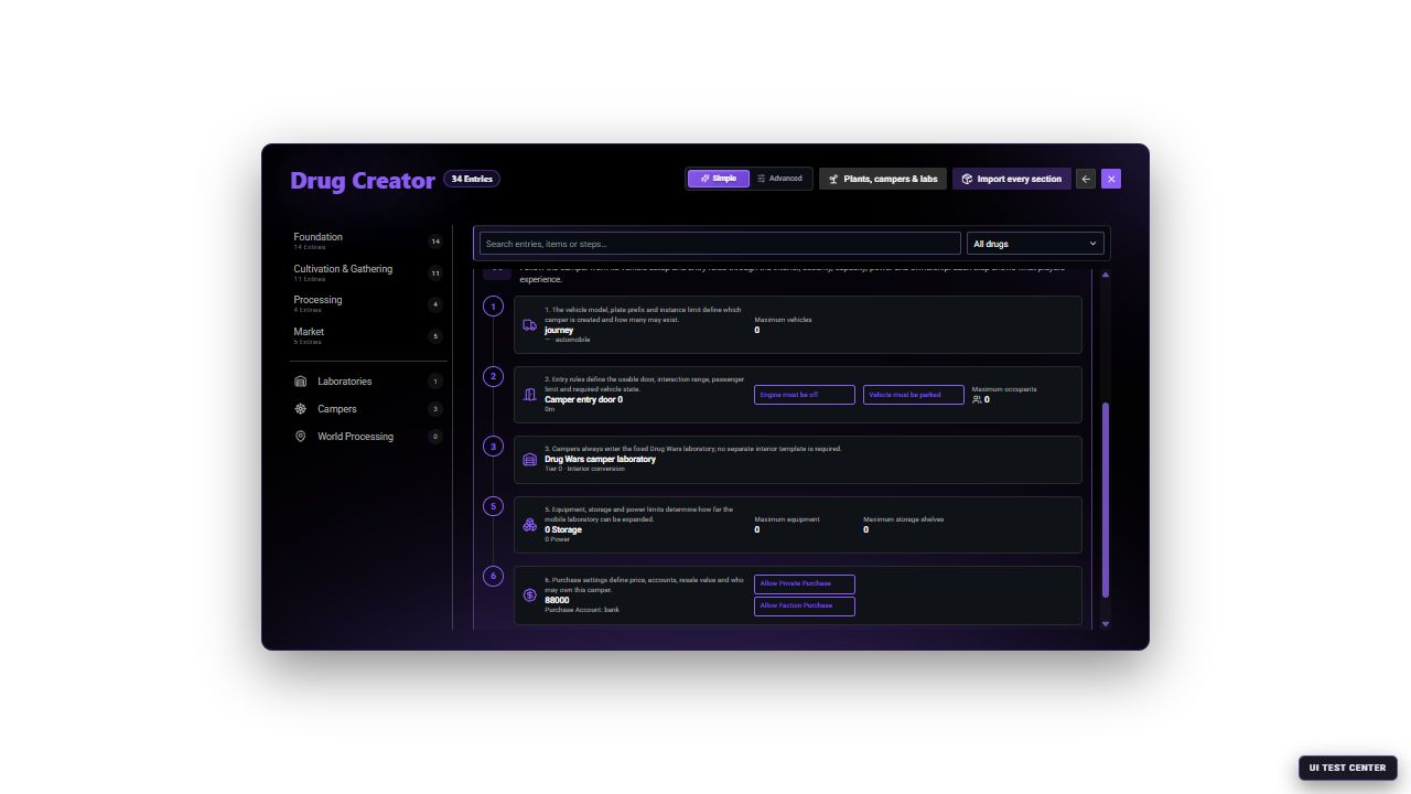 Current Camper workflow in Simple mode showing the fixed Drug Wars laboratory and the mobile-lab dependency steps