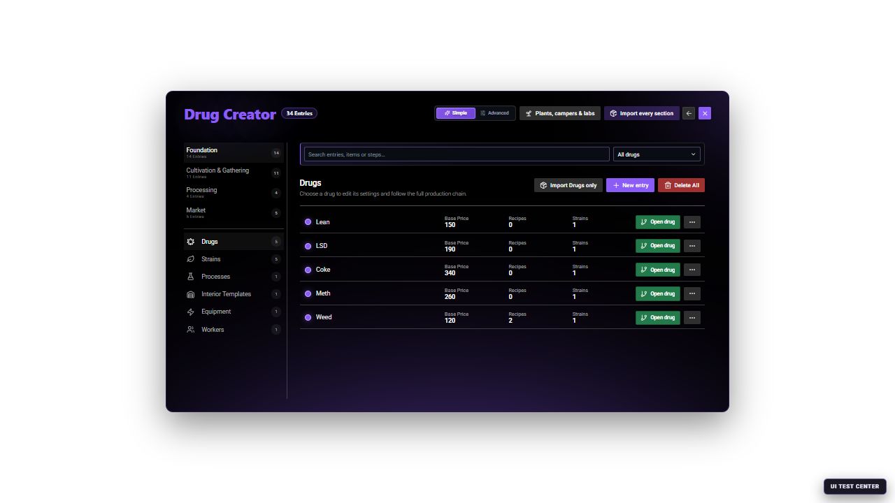 Current Drug Creator in Simple mode with Foundation, Cultivation and Gathering, Processing, and Market groups